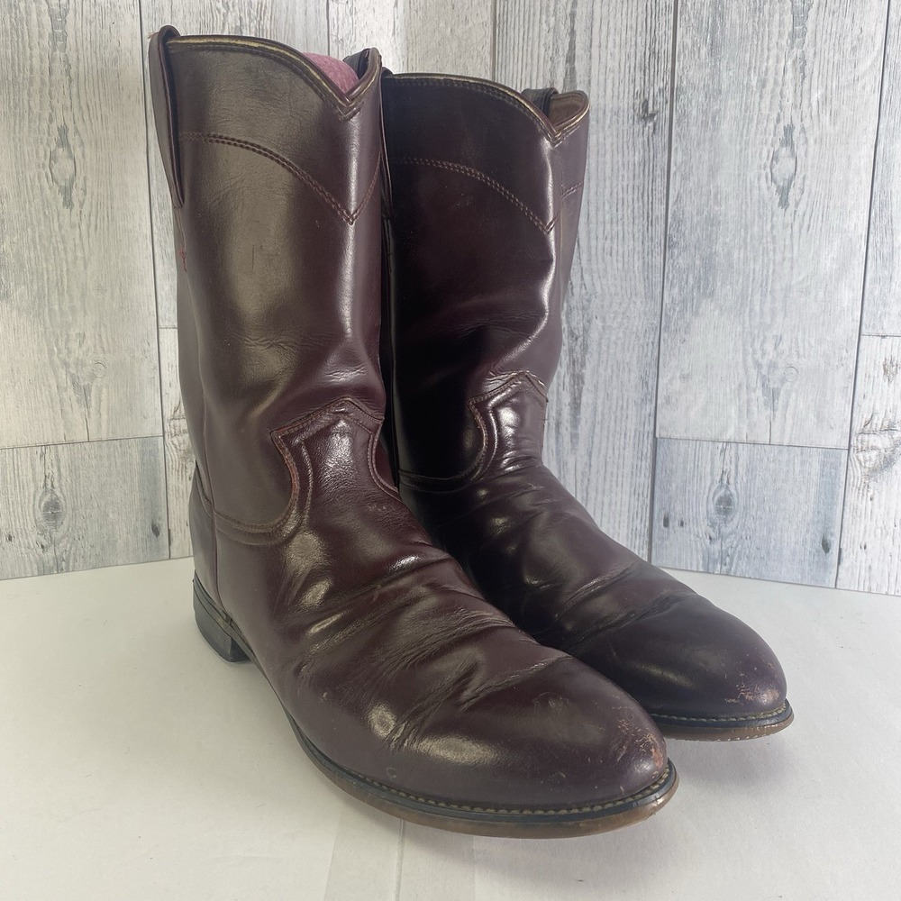 Vintage Justin Diamond J Mens 10.5 B Burgandy Leather Ropers Western Cowboy 3037